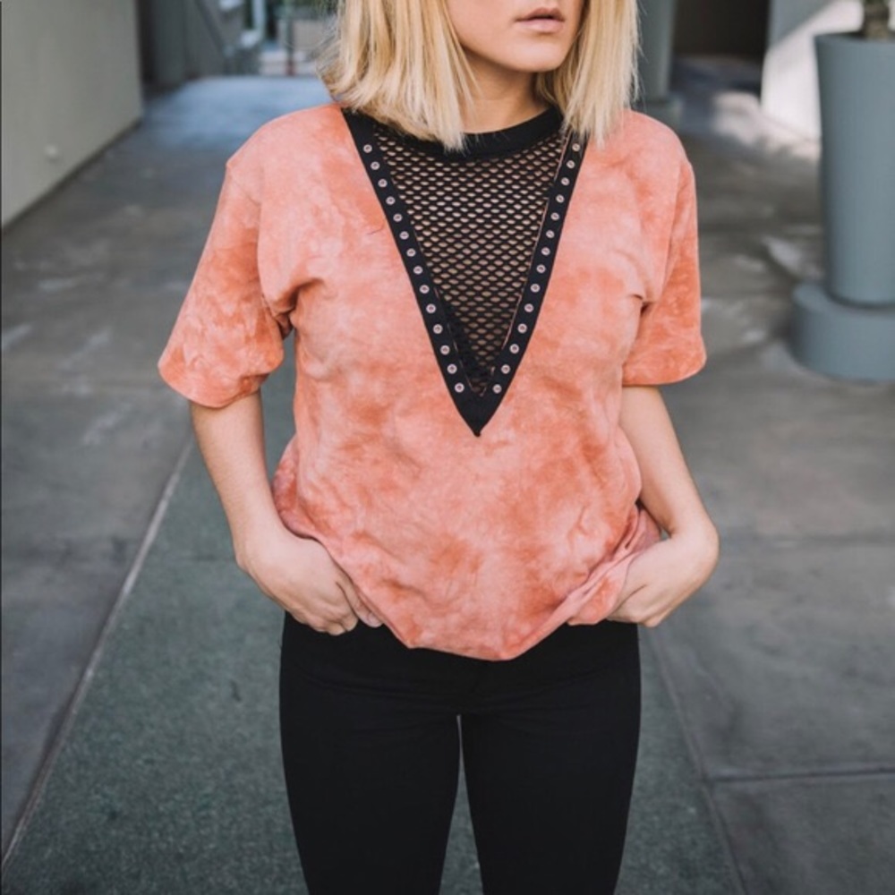 Destroyed oversized fishnet tye-dye t-shirt